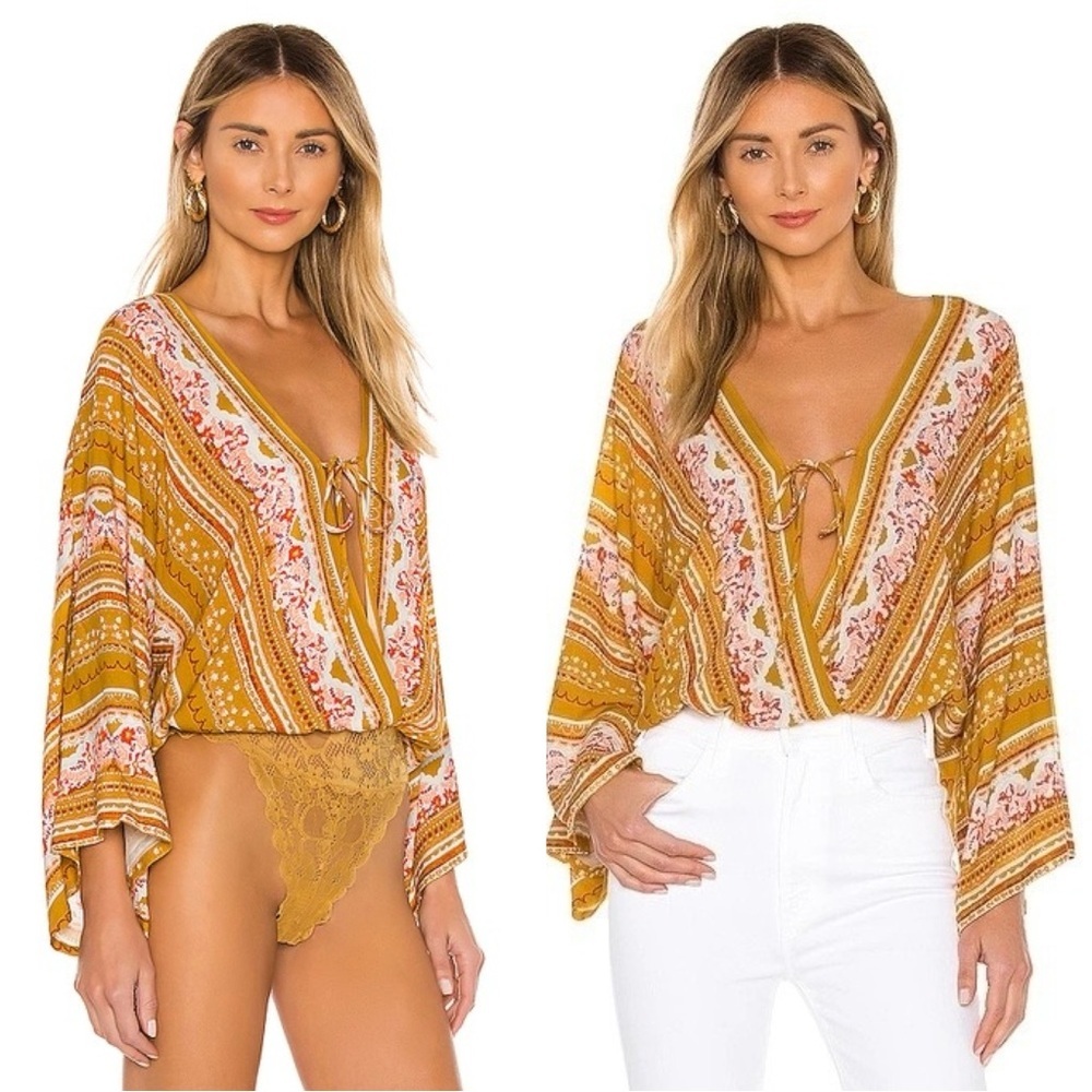 Free People Mustard Yellow Pink Printed Deep V Bodysuit